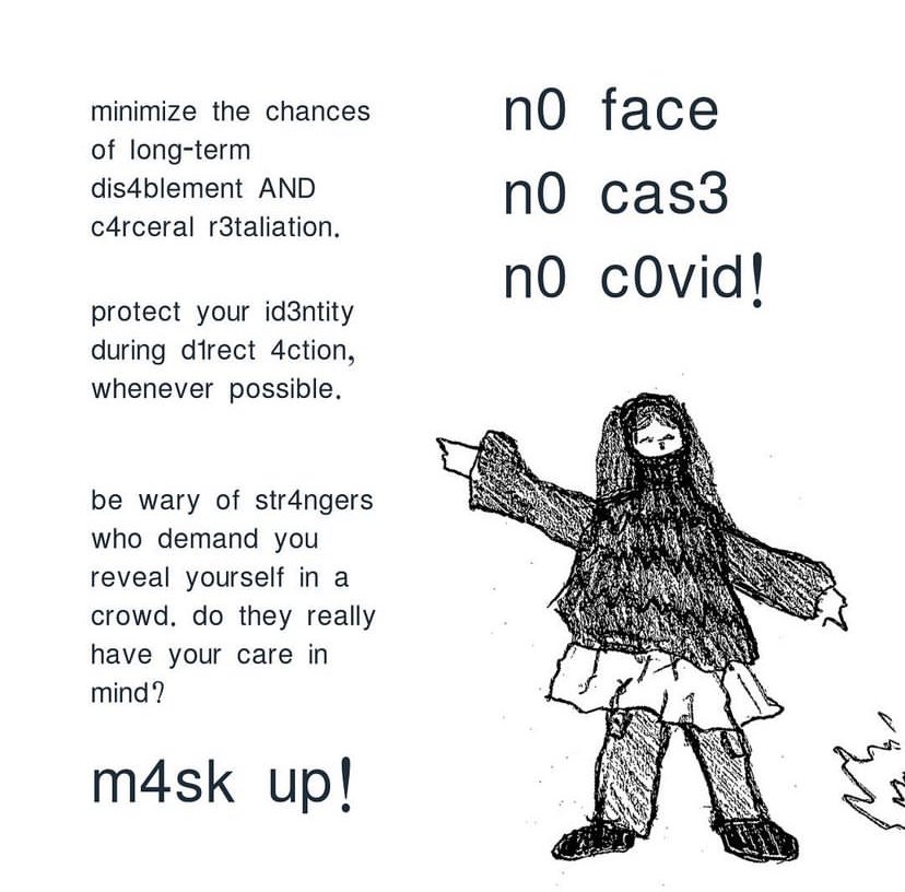a graphic, made by comradecloset on instagram, featuring a sketch of a person wearing a balaclava, with text that says: no face no case no covid!