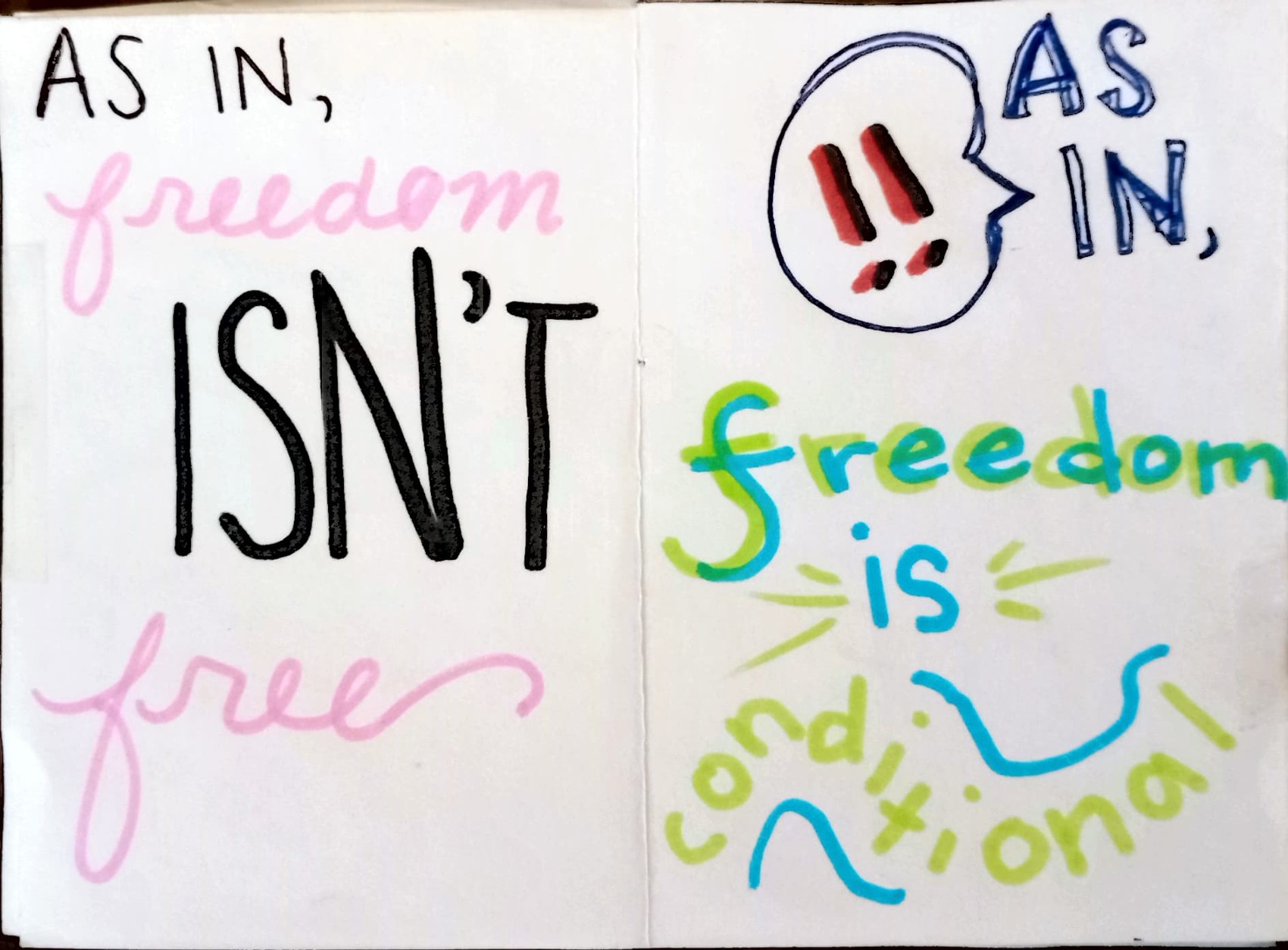 as in, freedom isn't free / as in, freedom is conditional